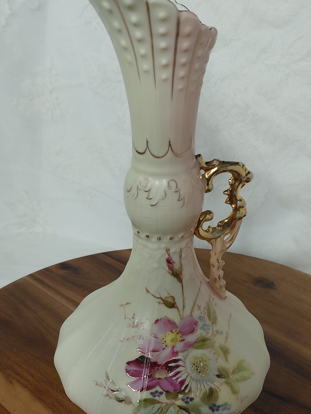 Antique Robert Hanke Austria Porcelain Ewer Vase Floral Gold Gilt Pitcher 9"